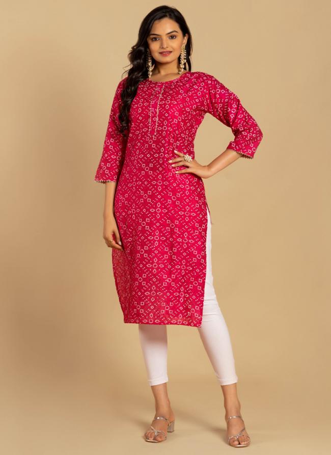 Viscose Pink Daily Wear Foil Work Readymade Kurti With Leggings